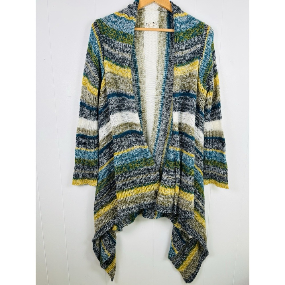 Eyeshadow Medium Blue Yellow Open Front Draped Cardigan Knit Crochet Sweater